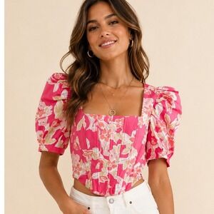 Blueb Collection Pink Floral Corset Top Puff Sleeve Smocked Back Large‎ 22629T